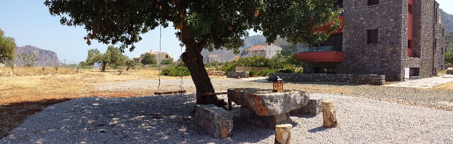 stone patio and stone table set